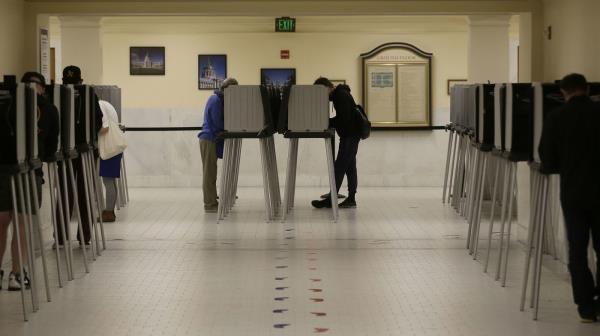 Voters cast ballots in voting booths.